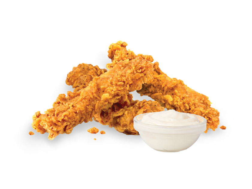 Breaded chicken tenders shown with a selection of dipping sauces