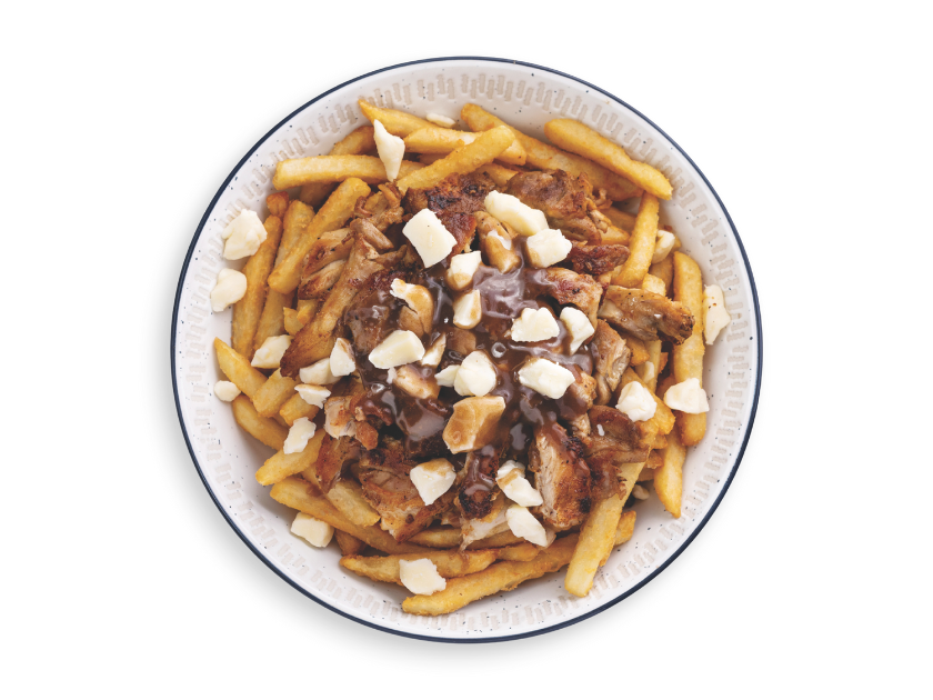 Fries topped with chicken shawarma, cheese curds, gravy and garlic sauce