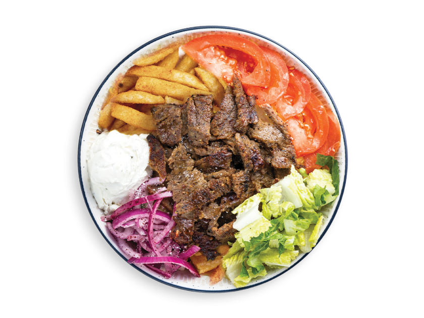 Beef and lamb gyro served over fries with spicy garlic, tzatziki, onions, tomatoes and lettuce