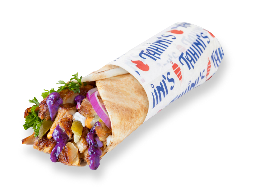 Chicken shawarma wrap rolled in saj bread with blueberry sauce, onions, parsley, pickles and garlic sauce