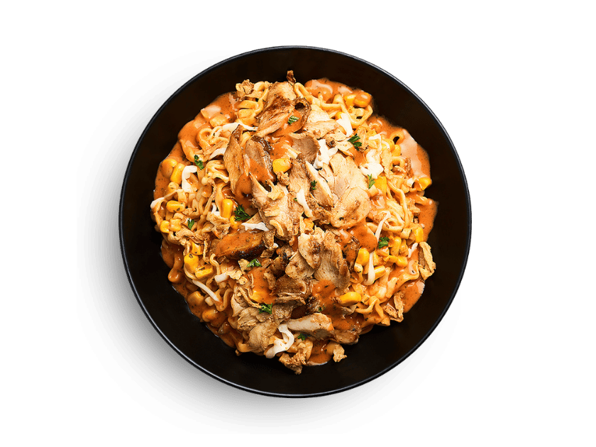 Chicken shawarma served with ramen noodles, broth, green onions and toppings
