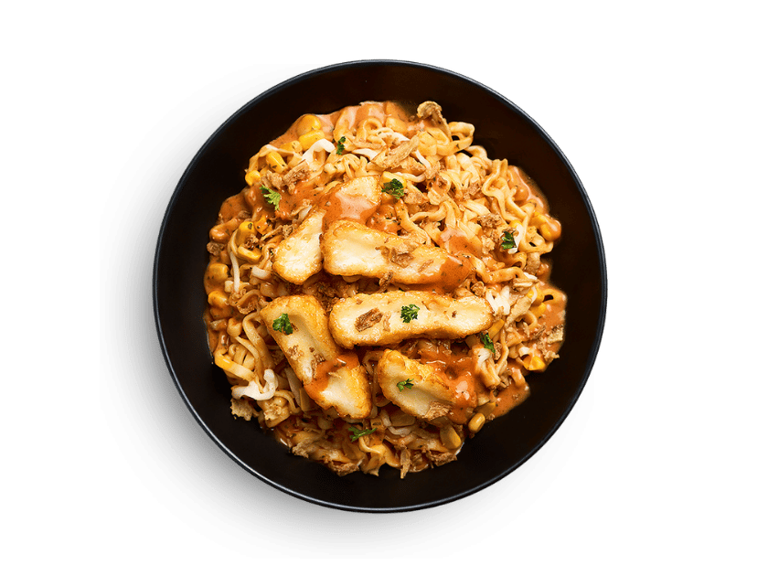 Halloumi and vegetables served with ramen noodles, broth, green onions and toppings
